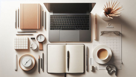 Top view of modern workplace with laptop, stationery and cup of coffee on light background