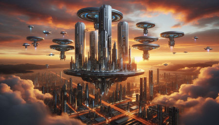 Futuristic alien city in the sky. 3D rendering.