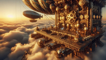 Airship in the clouds at sunset. 3d render illustration.