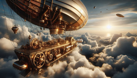 Airship flying over the clouds at sunset. 3d render illustration