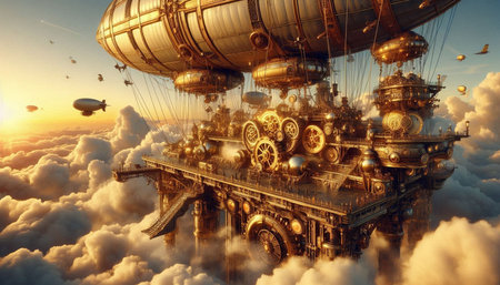 Airship in the clouds. 3D rendered Illustration. Vintage style.