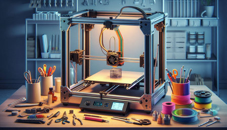 3d rendering of 3d printer working in laboratory. 3d render