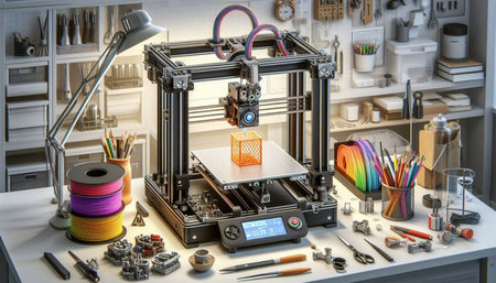 3d render of a 3d printer in a workshop with tools