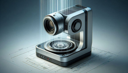 Digital illustration of video camera in colour background. 3D rendering.