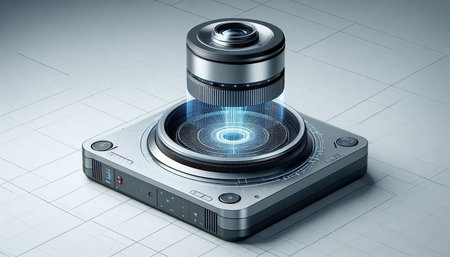 Digital camera with blue lens on a white background. 3d rendering