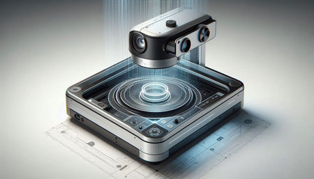 3d rendering of security camera on virtual graphic touch user interface.