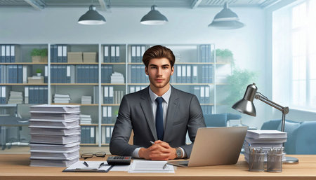 Young businessman sitting at desk in office and looking at camera. Man in business suit and tie...