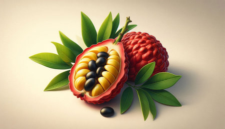 Litchi fruit with leaves on a white background. 3d illustration