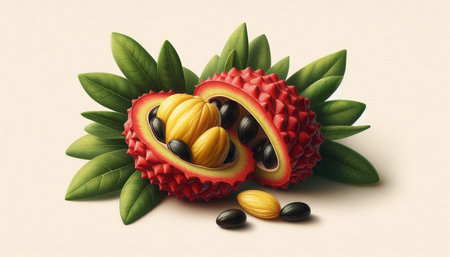 Lychee fruit with leaves on white background. 3d illustration