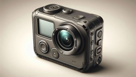 Digital camera on a gray background. 3d rendering. Computer digital drawing.