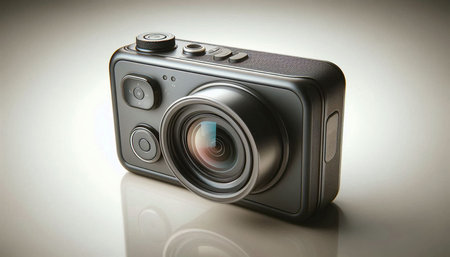Digital camera isolated on white background with reflection. 3d illustration.