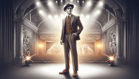 Young man in suit and bowler hat standing in room with columns