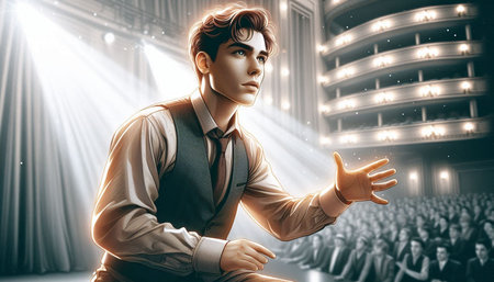 Young man in suit sitting on stage. 3d rendering toned image