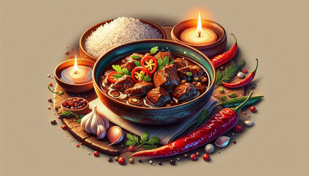Illustration of a bowl of beef stew with rice and vegetables.