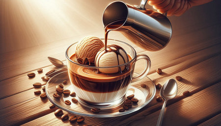 Cup of coffee with ice cream and spoon on wooden table.