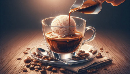 coffee ice cream with coffee beans and cup of coffee on wooden table