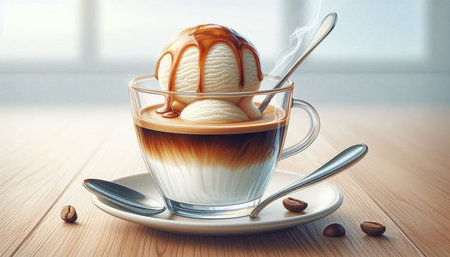 Coffee cup with ice cream and caramel sauce on wooden table