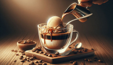 Cup of coffee with ice cream and coffee beans on wooden table