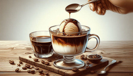 coffee cup with ice cream on wooden table and hand with spoon