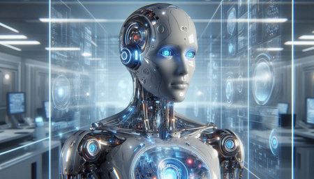 Cyborg woman cyborg with digital hologram interface 3D rendering