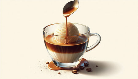 Cup of coffee with ice cream and chocolate syrup on white background