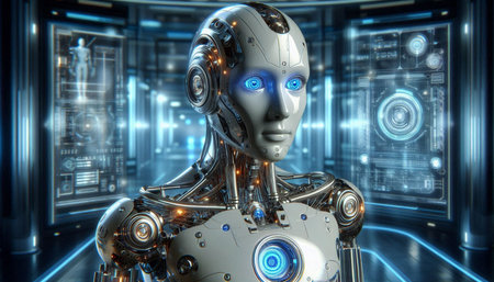 3d rendering humanoid robot in cyberspace with glowing lights on background