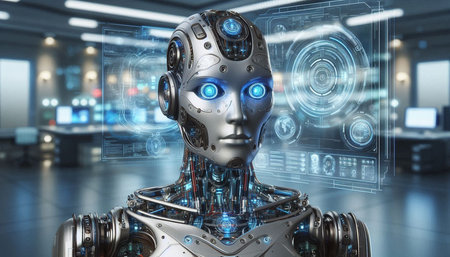 Robot humanoid with digital hologram interface. 3D rendering.