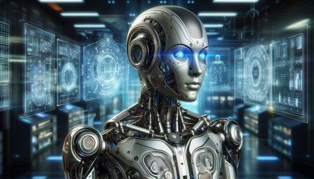 Robot humanoid looking at hologram screen 3D rendering on dark background