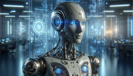3d rendering humanoid robot with glowing brain on blue background, artificial intelligence concept