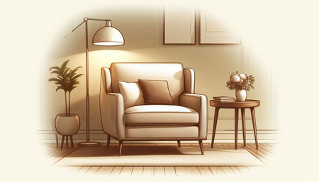 interior design of living room with armchair, sofa and lampの写真素材