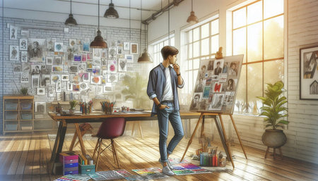 Young man in casual clothes talking on phone while standing in modern office. Toned image double...