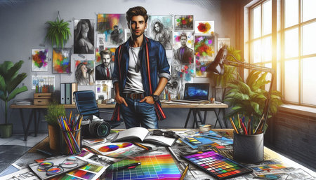Young man in casual clothes standing in creative office. Mixed media.