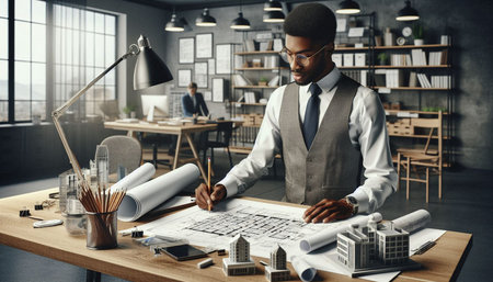 African american architect working in modern office. Black man in eyeglasses and suit sitting at...