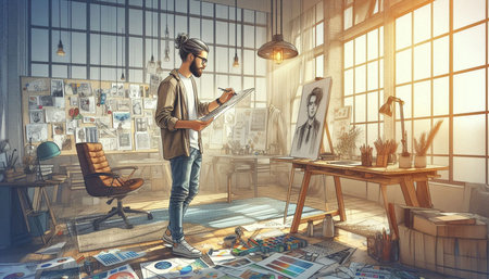 Young man in casual clothes and eyeglasses standing in an artist's studio and drawing a picture....