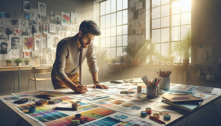 Young man in casual clothes sitting at table in office and working on project
