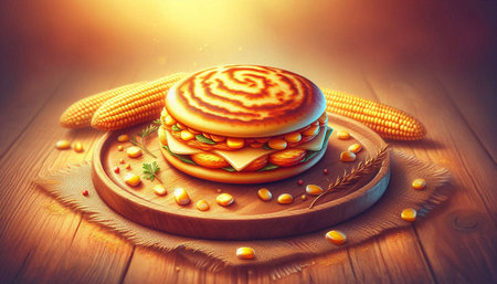 Cereal sandwich with corn on wooden board. Toned.
