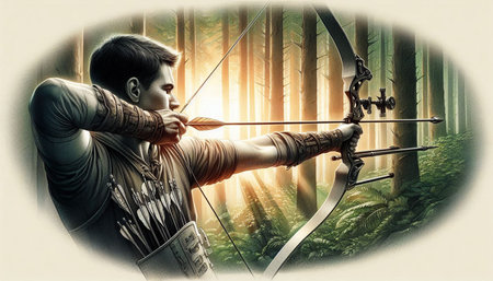 Archery man with bow and arrow in the forest. Mixed media