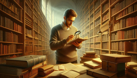 Young man with a magnifying glass and books in the library.