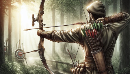 Archery archer with bow and arrow in the forest. Mixed media