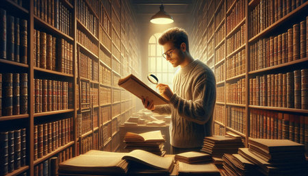 Young man in glasses reading a book in the library. Education concept.