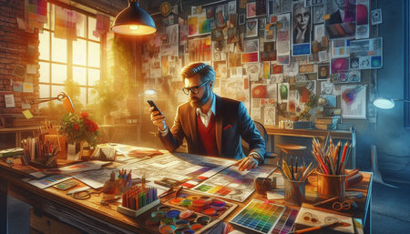 Designer using smartphone while working in creative office. Art concept.の写真素材