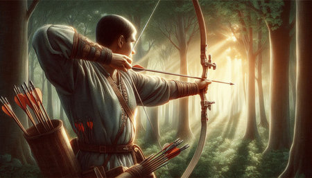 Archer with bow and arrow hunting for prey in the forest.