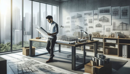Architect in modern office interior with furniture and equipment. Mixed media