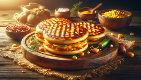 Vegetarian corn pancake on a wooden background. toning. selective focus