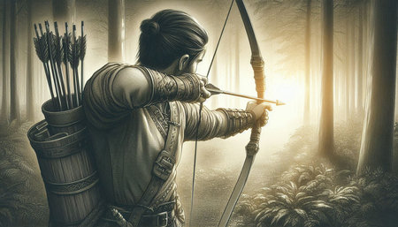 Archer with bow and arrow in the forest. 3d renderの写真素材