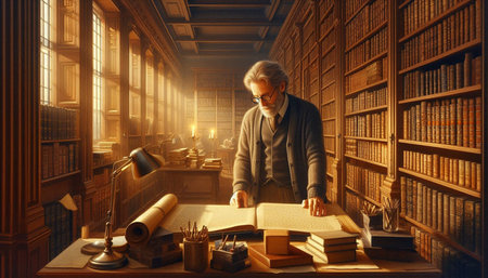 Old man reading a book in an old library. 3d rendering