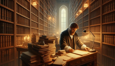 Young man sitting at the table and reading a book in his library