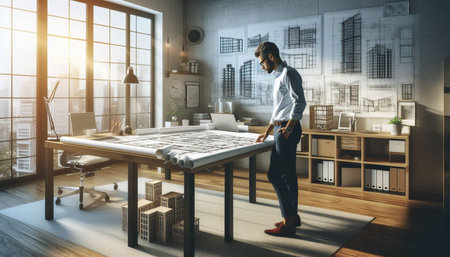 Architect standing in modern office and looking at blueprint. 3D Rendering