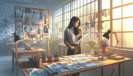 Portrait of a young female designer standing in modern office. 3D renderingの写真素材
