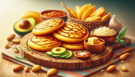 Brazilian food, chilaquiles, nachos and guacamole on wooden board